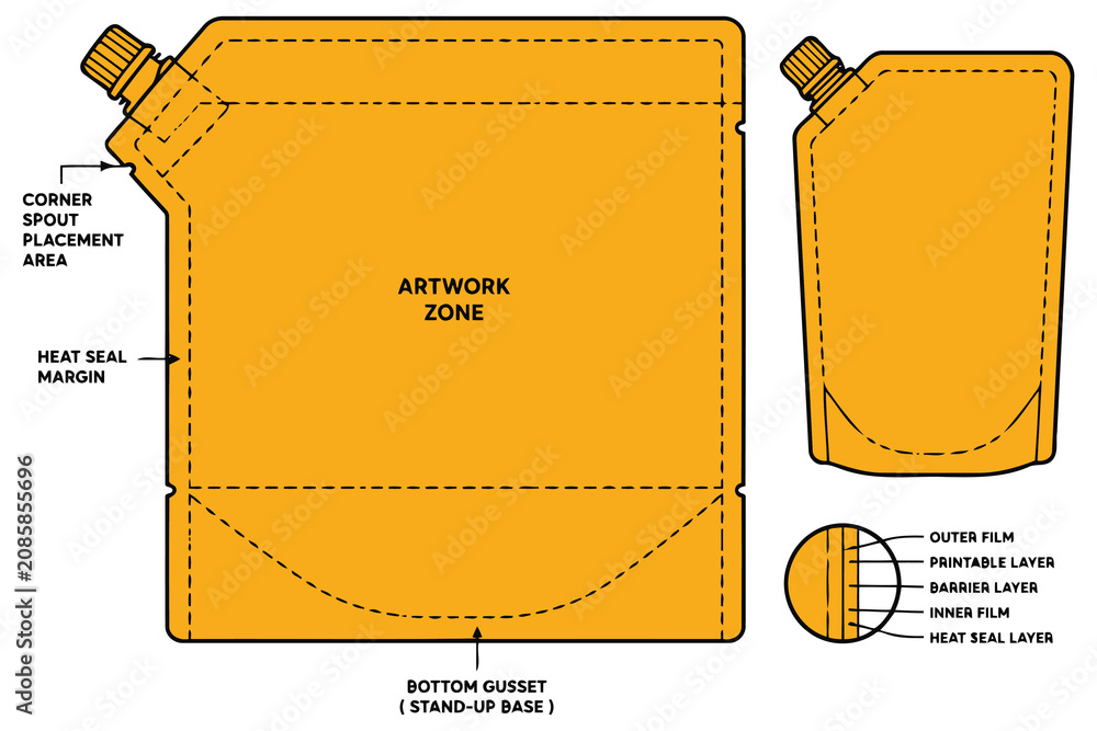 Fotografía Doypack stand up pouch packaging technical layout design Vector