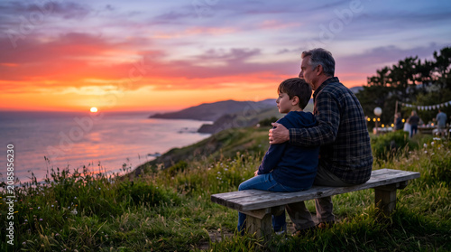 Father's Day, Sunset Connection, Father Sitting Next To Son Watching Sunset, Father's Day Celebration Image