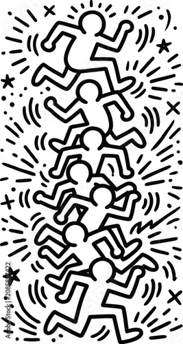 Canvas Print stylized running figures in motion with dynamic lines and stars