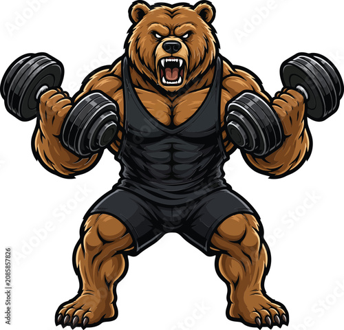 Strong cartoon bear lifting heavy dumbbells in workout pose