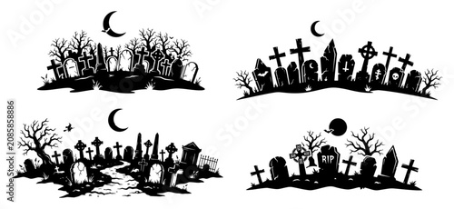Tableau sur toile Graveyard cemetery silhouettes set with crosses and crescent moon in spooky hall