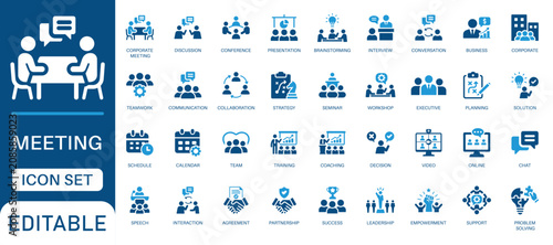 Meeting icon set. Featuring corporate meeting, discussion, business training, strategy planning, teamwork, brainstorming, and online video interview. Solid vector icons for meeting and presentations.