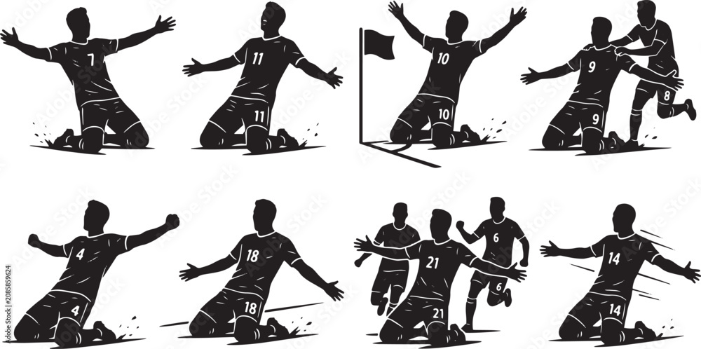 Obraz premium Black silhouette sports icons, athletic poses, vector graphics, fitness illustrations, sportsman silhouettes isolated on Transparent Background