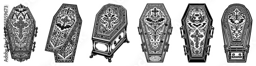 Photos Gothic coffin collection decorated with ornate patterns skulls and crosses in en