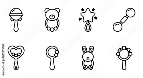 Tableau sur toile Baby Rattle Icons, Cute Toy Collection, Simple Line Art, Newborn Playtime Graphi