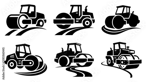 Bild auf Leinwand Road roller construction machinery icons for asphalt compaction in industrial si