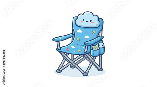 Cute cartoon cloud character sitting on a blue folding chair.