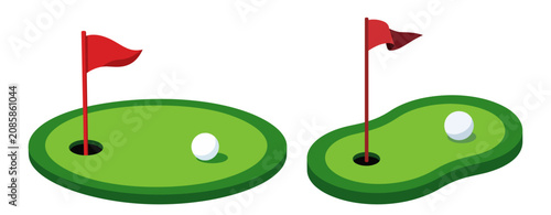 Golf putting green set with flag, hole and ball flat cartoon