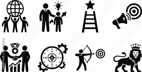 Business leadership and core values black vector icon set representing growth success teamwork and strategic targeting