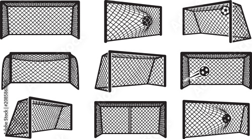 Soccer Goal Nets, Football Net Templates, Vector Soccer Goals, Sports Equipment Icons isolated on Transparent Background
