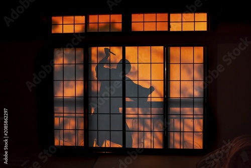 Shadow of a man, burglar with knife, assassin, ninja, on the balcony behind sliding shoji doors in a traditional Japanese house, Yamanouchi, Nagano, Japan