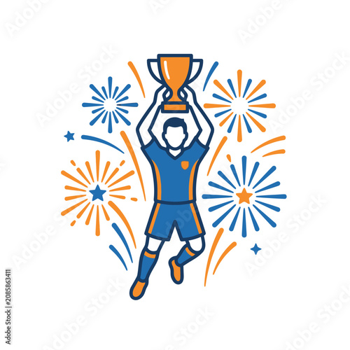 Canvas Print Athlete holding trophy aloft with firework bursts.