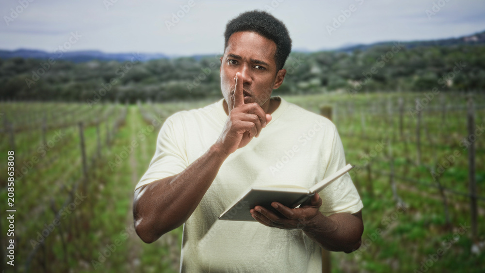 Obraz premium Man holds an open book and presses finger to lips for silence in a vineyard forest near rolling hills; quiet contemplation.