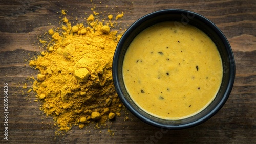 Turmeric Powder with Turmeric Sauce in Bowl on Rustic Wooden Background, Organic Spice, Healthy Cooking Ingredient