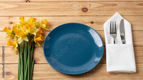 Blue Empty Dinner Plate with Cutlery and Yellow Daffodil Flowers on Wooden Table, Spring Table Setting, Top View Background
