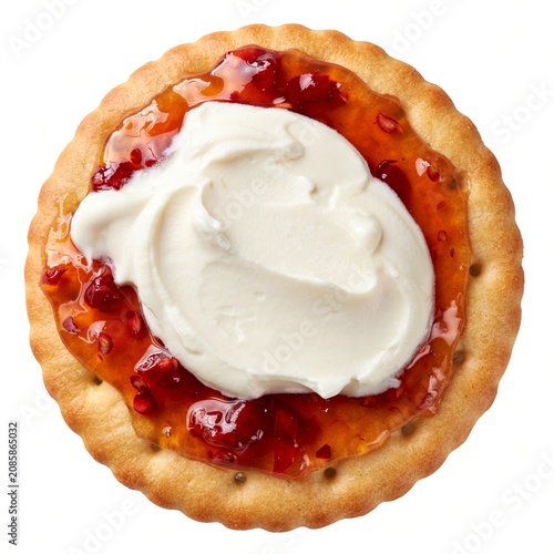 Jam Tart Cookie with Cream Topping Isolated on White Background, Sweet Dessert Biscuit, Bakery Snack Food Concept