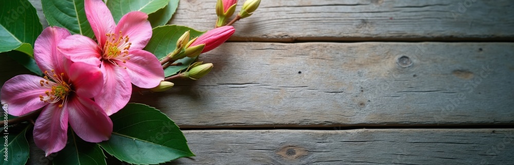 Fototapeta premium Pink flowers and green leaves rest on aged wooden planks. Buds hint at new growth and vibrant spring bloom. Natural beauty presented simply.
