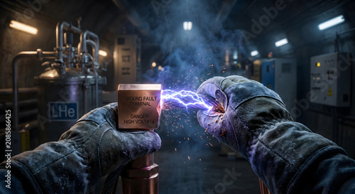 Close up view of gloved hands repairing high voltage ground fault terminal creating blue electrical arc and sparks.