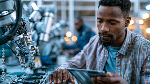 Engineer inspecting robotic arm in automated factory, Industry 4.0 futuristic manufacturing scene with high tech industrial control