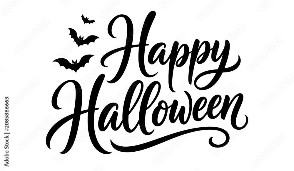 Fototapeta premium Elegant happy halloween calligraphy text with flying bats for seasonal greetings.