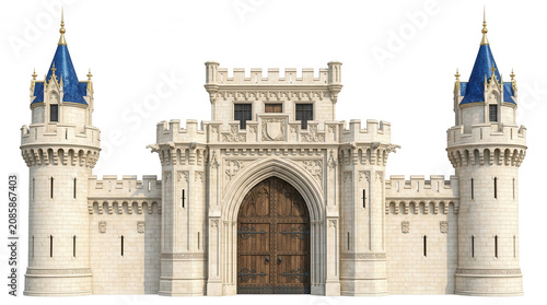 Gothic castle gatehouse with ornate wooden doors isolated on a transparent background