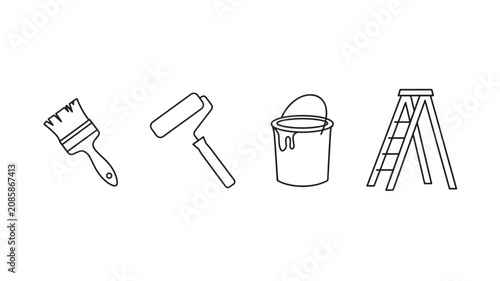 Line drawing of a paintbrush, roller, bucket and ladder for home renovation and decoration projects