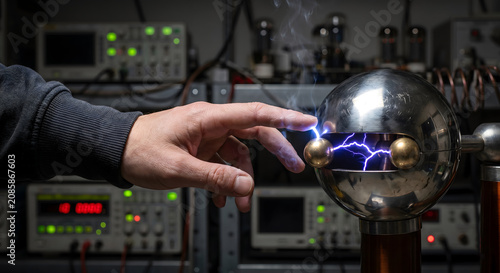 Human finger reaching toward glowing metal sphere producing bright electrical arc discharge inside modern physics laboratory.