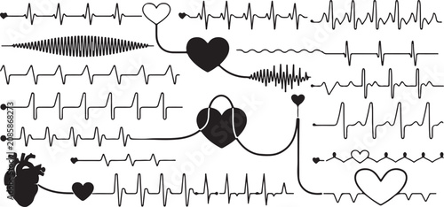Konstfotografi Heartbeat pulse signals combined with medical heart icons and wavy frequency patterns representing vitality health monitoring