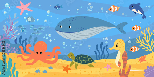 Underwater Ocean Scene Illustration With Marine Life And Coral