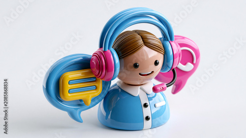 3D customer support icon with headset and chat bubbles, smiling assistant, service communication concept, clean glossy style isolated on white background