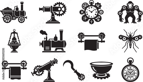 Photography Set of black steampunk icons with mechanical gears and antique machines for crea
