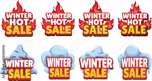 Winter Sale Promotional Badge Collection with Hot Fire and Snow Cartoon Stickers
