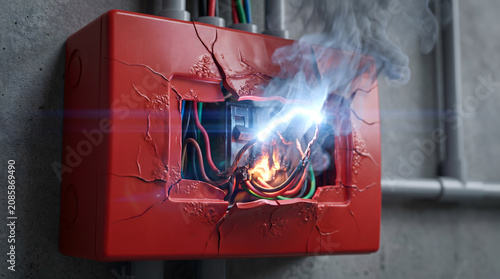 Red electrical distribution box exploding with bright blue sparks and melting plastic showing severe high voltage failure.