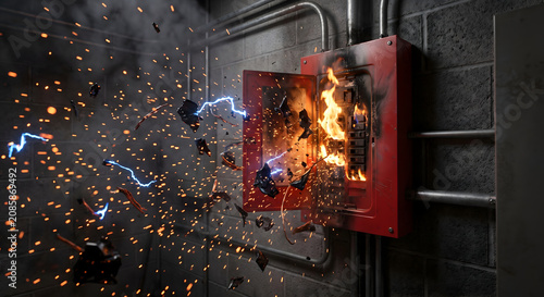 Red industrial electrical box suffering from intense power surge with electric arc sparks and debris in concrete room.