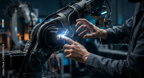 Technician working on industrial robot arm in dark factory causing electrical short circuit with bright blue spark light.