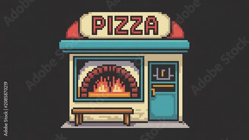 Pixel art pizza shop storefront with brick oven and retro restaurant exterior