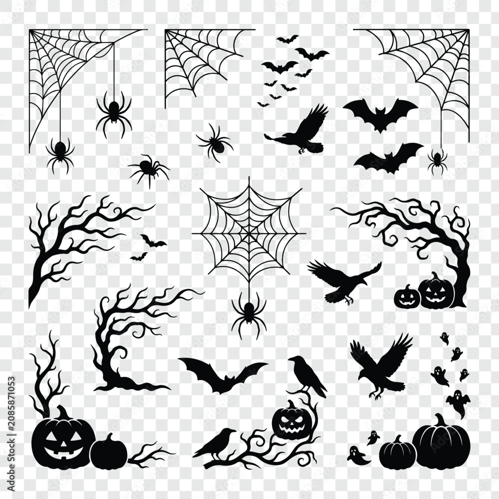 Fototapeta premium Halloween decoration elements with pumpkins, bats, and spider webs