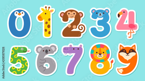 Fotografía Colorful vector illustration featuring cute animal numbers from zero to nine des