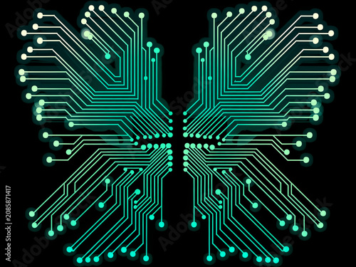 A captivating digital circuit pattern, abstractly resembling a glowing butterfly, symbolizing artificial intelligence, neural networks, and interconnected data flow
