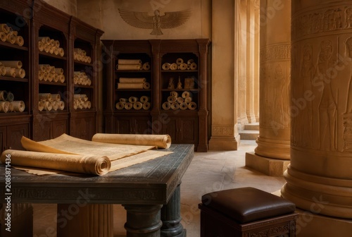 Ancient Library with Scrolls, Columns, and Wooden Shelves