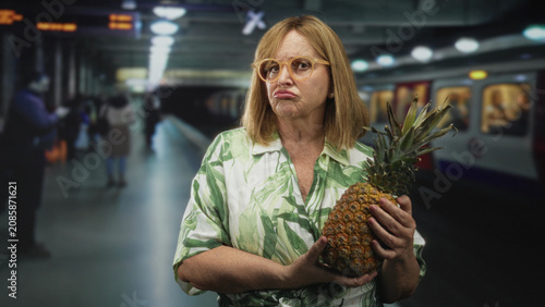 Fotografie Woman middleaged hispanic blonde holds pineapple with a pout and visible hands on a subway platform inside a building; skepticism humor