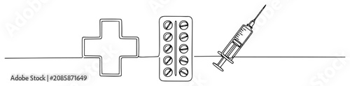Fotografía Medical cross blister pack and syringe in continuous one line drawing style