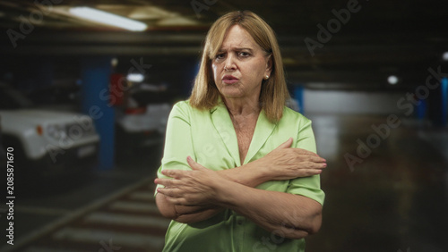 Fotografía Middle age woman crossing arms over chest in underground parking building, green blouse and tense face; anxiety vulnerability
