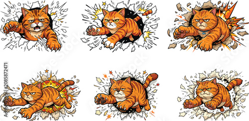 Photos Angry Cat Mascot Breaking Through Wall – Cartoon Orange Tabby Vector Illustratio