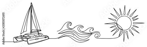 Catamaran boat sea waves and sun depicted in minimalist continuous one line art style