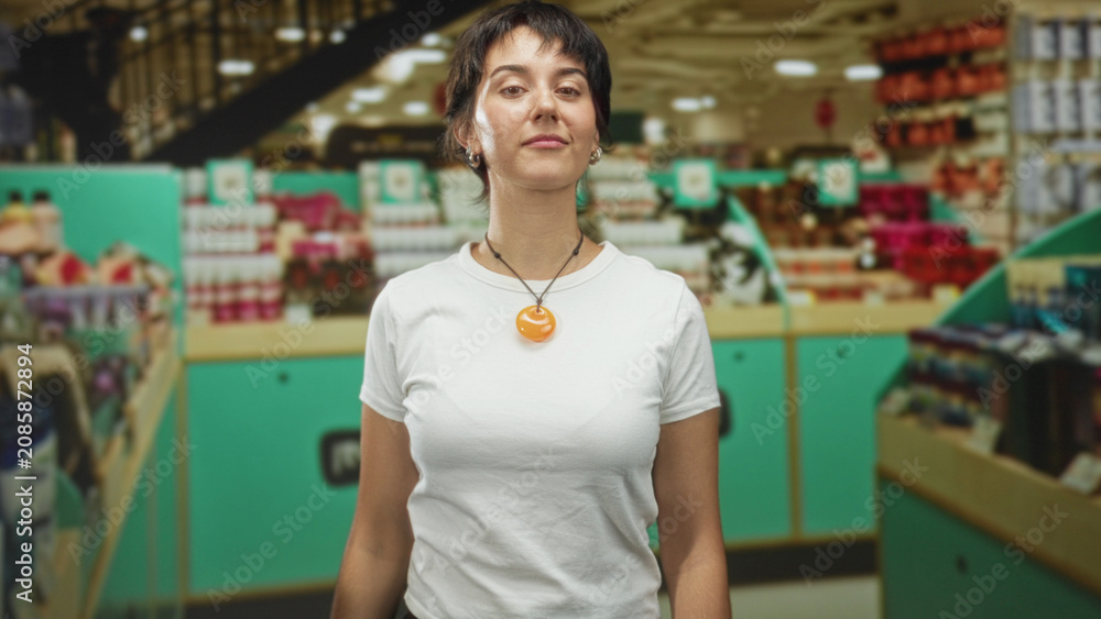 Obraz premium Woman flexes bicep and shows bare arm in a retail building aisle wearing white tshirt and orange pendant; confidence empowerment.