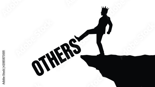 Obraz na plátně A bold vector illustration showing a selfish king kicking others off a steep cli
