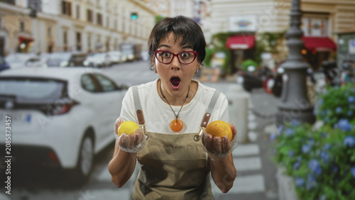 Photography Woman in apron holds two oranges with gloved hands, mouth open in a surprised gasp on a city street near a cafe and parked cars; surprise