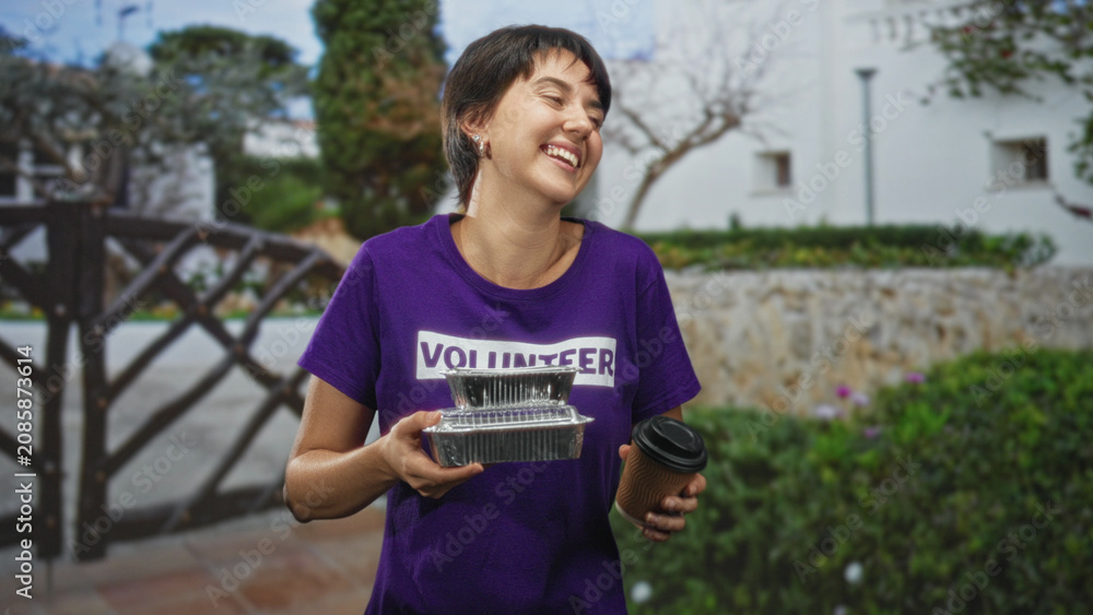 Obraz premium Woman volunteer holding foil food containers and a coffee cup, smiling while standing in front of a building; community care compassion.