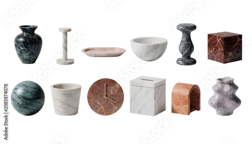 Collection of 12 elegant marble home decor items isolated on transparent background.